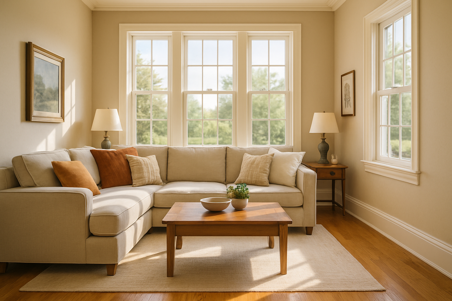 A bright American living room with a ratio of 1:3