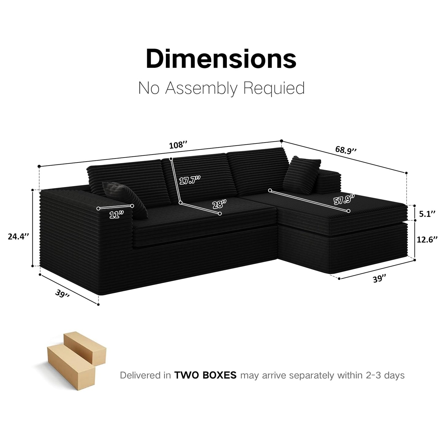 L-Shape Compressed Sofa, Chaise Lounge with Cushions, No Assembly Required