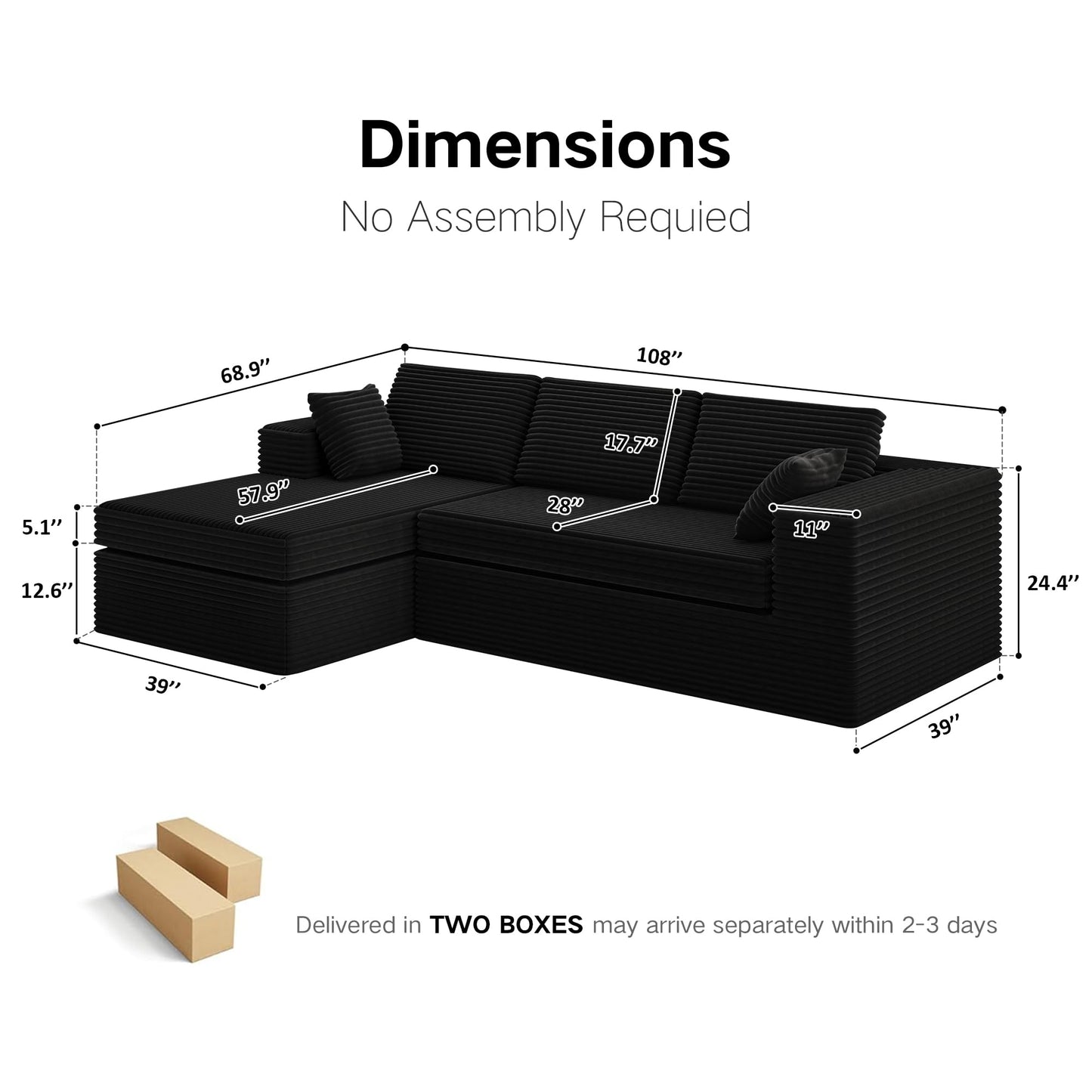 L-Shape Compressed Sofa, Chaise Lounge with Cushions, No Assembly Required