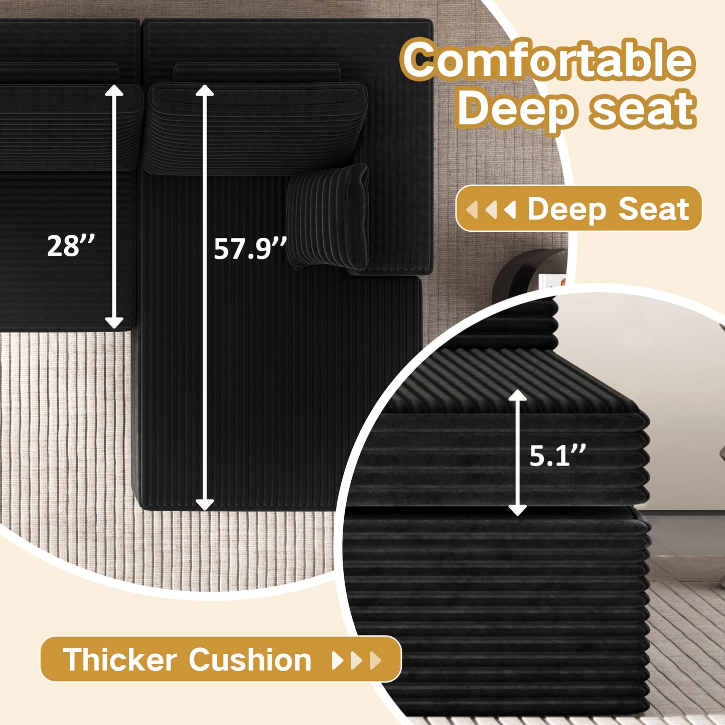 L-Shape Compressed Sofa, Chaise Lounge with Cushions, No Assembly Required