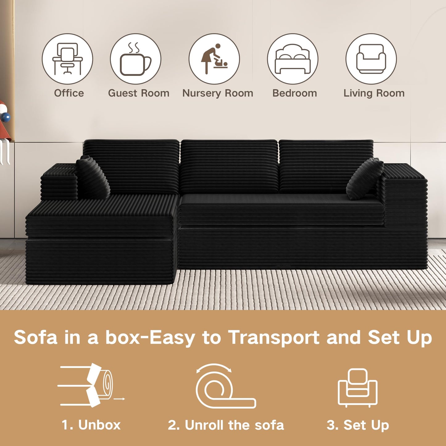 L-Shape Compressed Sofa, Chaise Lounge with Cushions, No Assembly Required