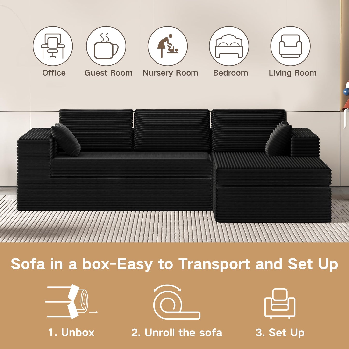 L-Shape Compressed Sofa, Chaise Lounge with Cushions, No Assembly Required