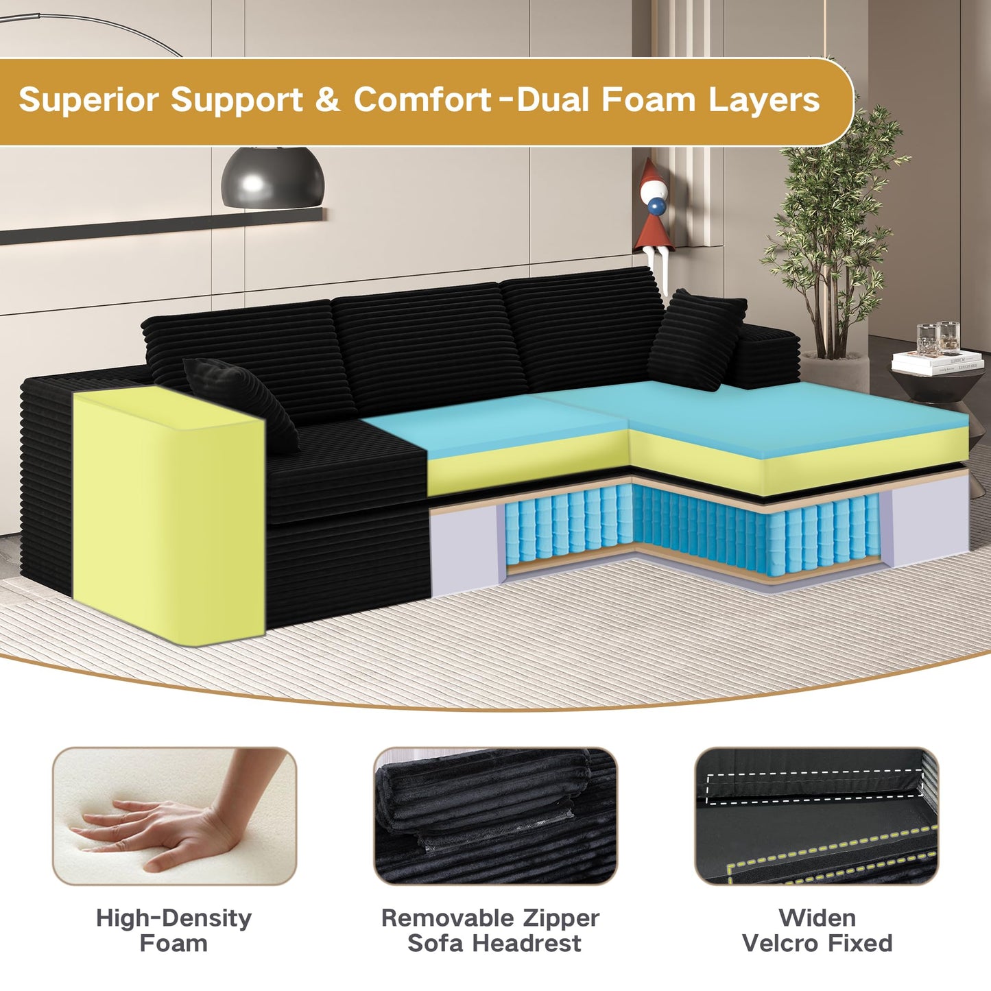 L-Shape Compressed Sofa, Chaise Lounge with Cushions, No Assembly Required