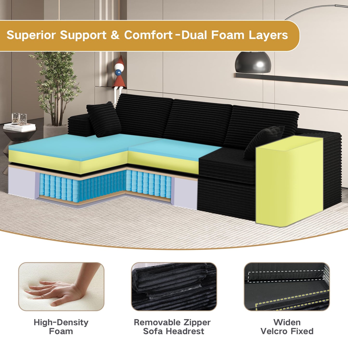 L-Shape Compressed Sofa, Chaise Lounge with Cushions, No Assembly Required